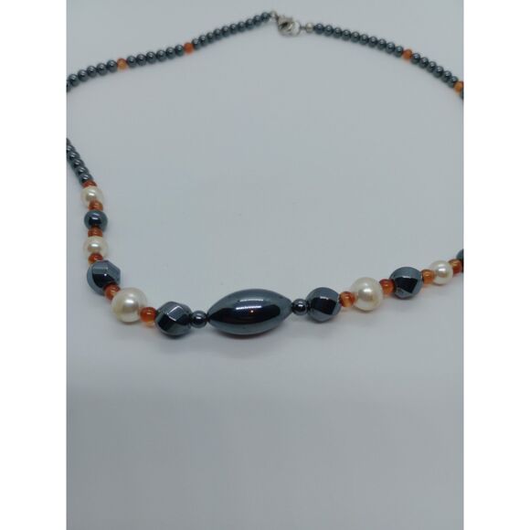 Hematite Faux Pearl Orange Beaded Silver Tone 20" Lobster Clasp Necklace - Picture 3 of 6